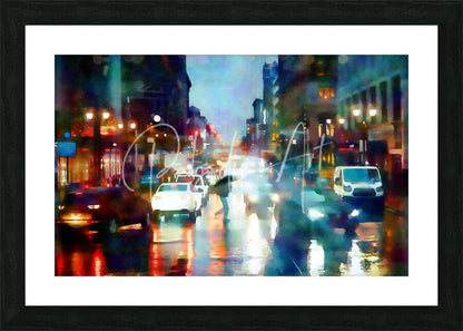 Vibrant impressionistic painting of rain-slicked new york city street at night with glowing car light reflections