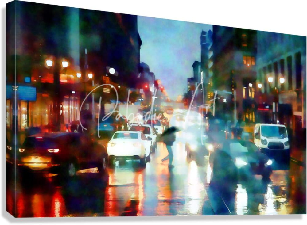 Reflections of New York City streets in the rain canvas print with blurred cars and warm orange blue lighting reflections
