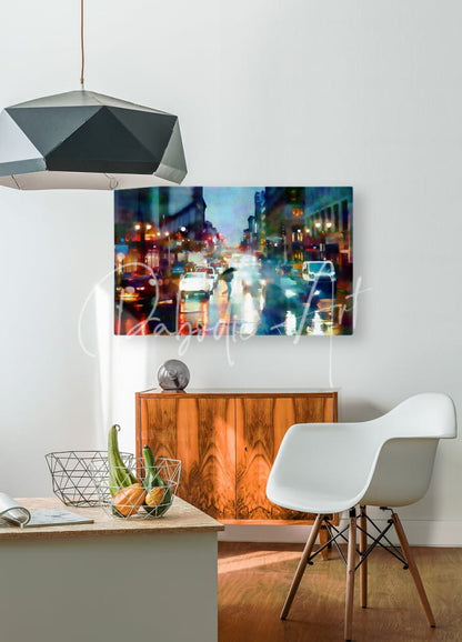 A vibrant abstract cityscape canvas print with blurred lights and motion mounted on a white wall in new york city streets in the rain style
