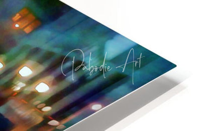 A sleek modern acrylic print of blurred new york city streets in the rain with warm bokeh and cool blue tones