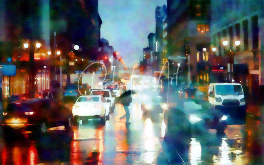 Reflections of New York City streets in the rain show rain-slicked pavement lit by streetlights and car headlights at dusk