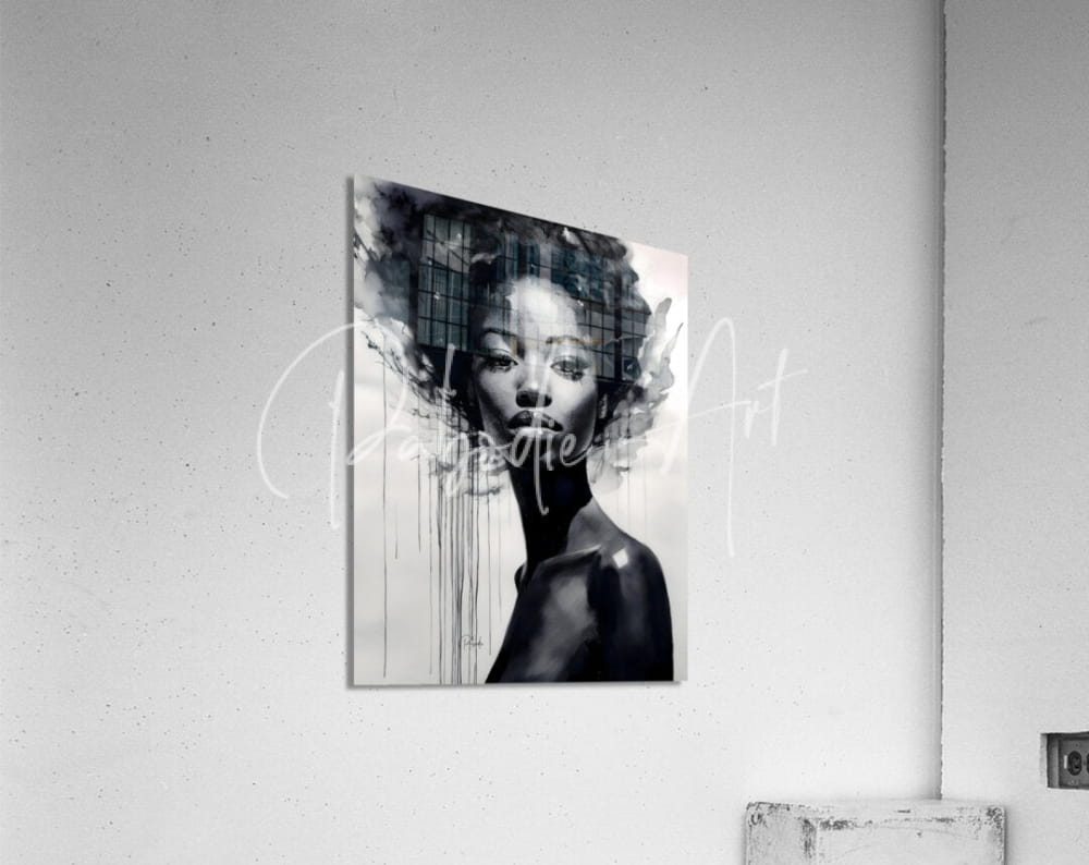 Black-and-white acrylic print titled A Rising Star featuring a stylized woman with textured layered hair and abstract drips