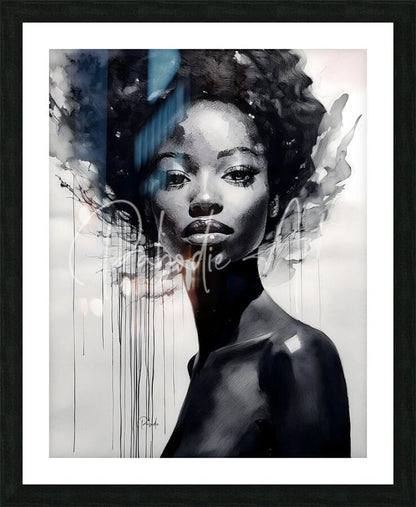 A rising star black and white abstract portrait of a woman with curly hair in a sleek black frame
