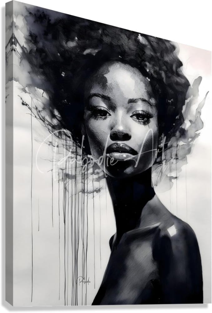 Black and white watercolor portrait of a woman with voluminous curls on stretched canvas titled a rising star