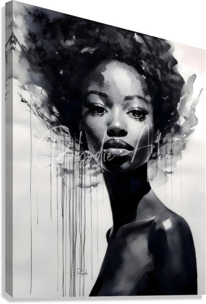 Black and white watercolor portrait of a woman with voluminous curls on stretched canvas titled a rising star