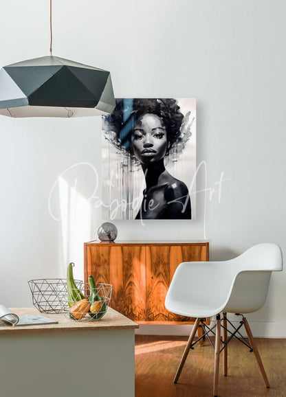 A black-and-white canvas portrait of a woman with voluminous afro hair titled a rising star mounted above a wooden cabinet