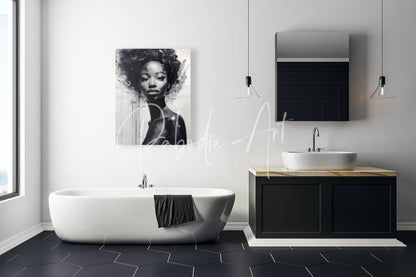A rising star black and white canvas portrait of a woman with afro hair displayed above a freestanding bathtub