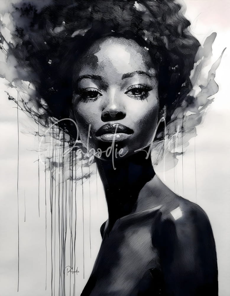 A black-and-white artistic portrait of a woman with voluminous curly hair and expressive eyes titled a rising star