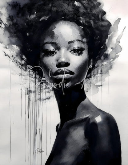 A black-and-white artistic portrait of a woman with voluminous curly hair and expressive eyes titled a rising star