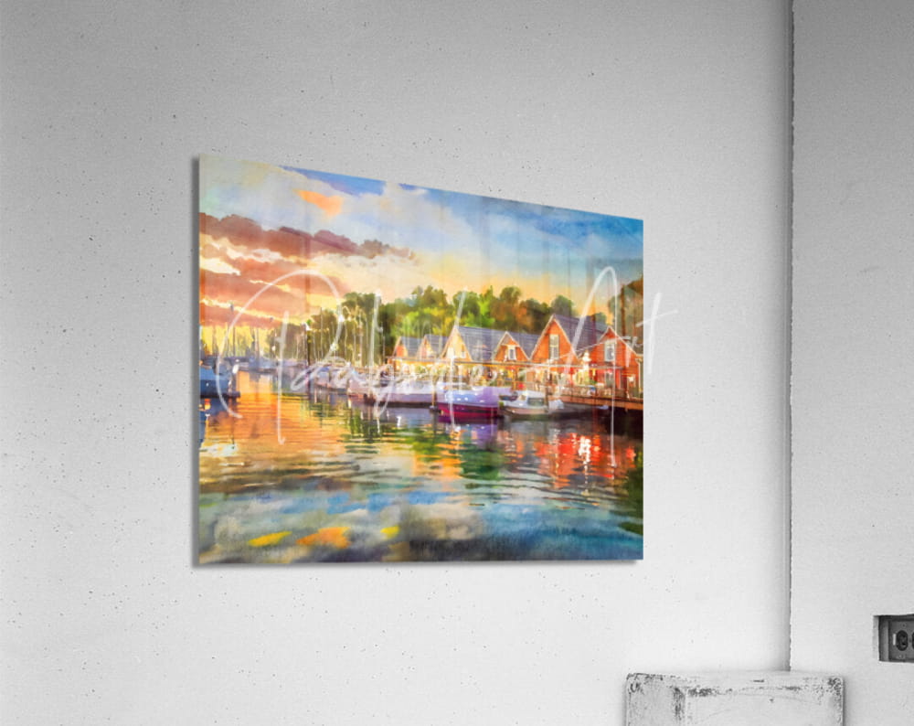 Watercolor-style print titled River Living Sunset showing harbor red and orange buildings reflected in calm water at sunset