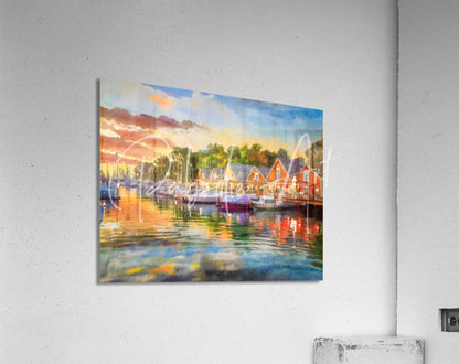 Watercolor-style print titled River Living Sunset showing harbor red and orange buildings reflected in calm water at sunset