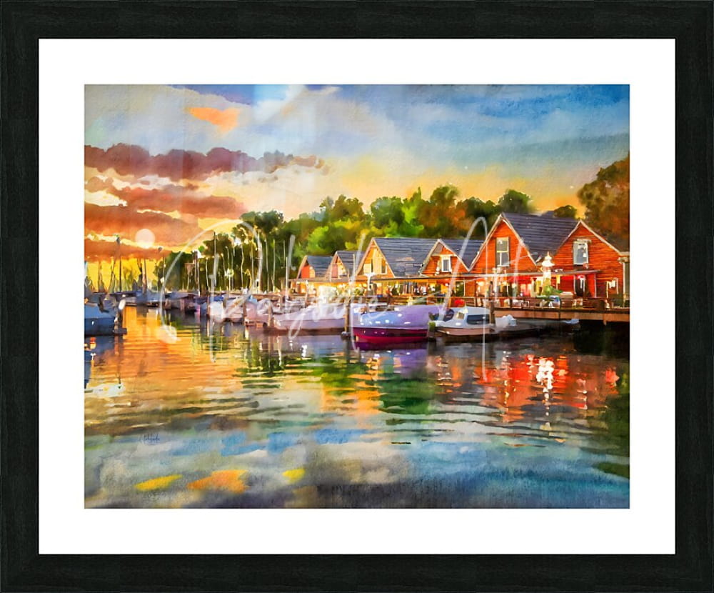 Watercolor painting river living sunset of a harbor at sunset with red wooden houses and boats reflected in water