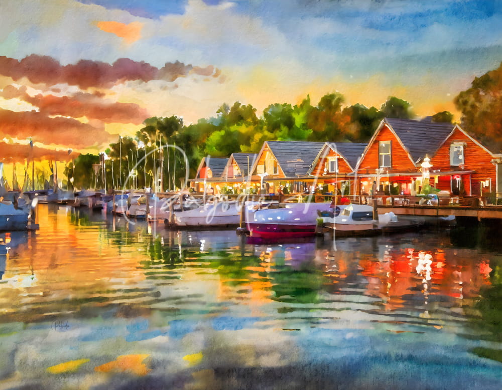 A vibrant watercolor painting titled river living sunset depicting colorful boats and red houses at sunset harbor