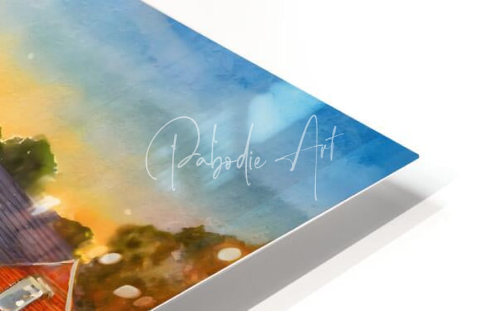 A watercolor-style framed art print of a sunset over rooftops with elegant cursive text pabodie art titled river living sunset
