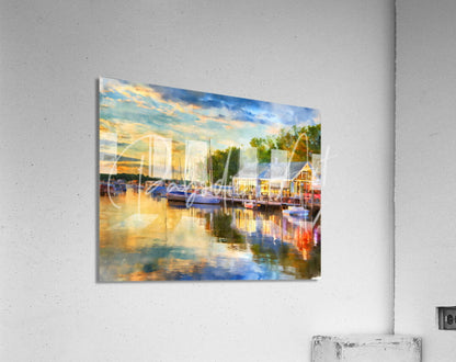 A vibrant watercolor-style harbor scene print with boats and buildings on an acrylic wall panel for riverside dining