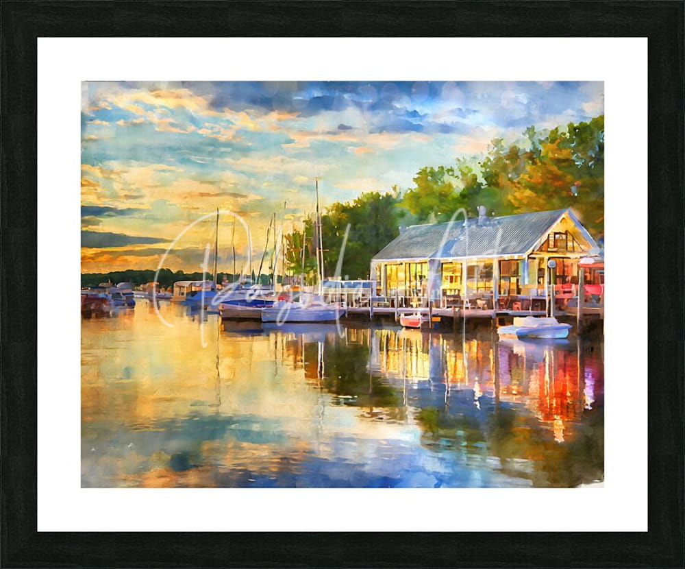 Watercolor painting of a vermilion harbor scene in a black frame with white matting for riverside dining decor