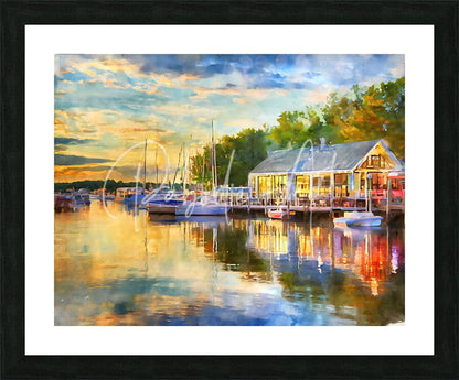 Watercolor painting of a vermilion harbor scene in a black frame with white matting for riverside dining decor