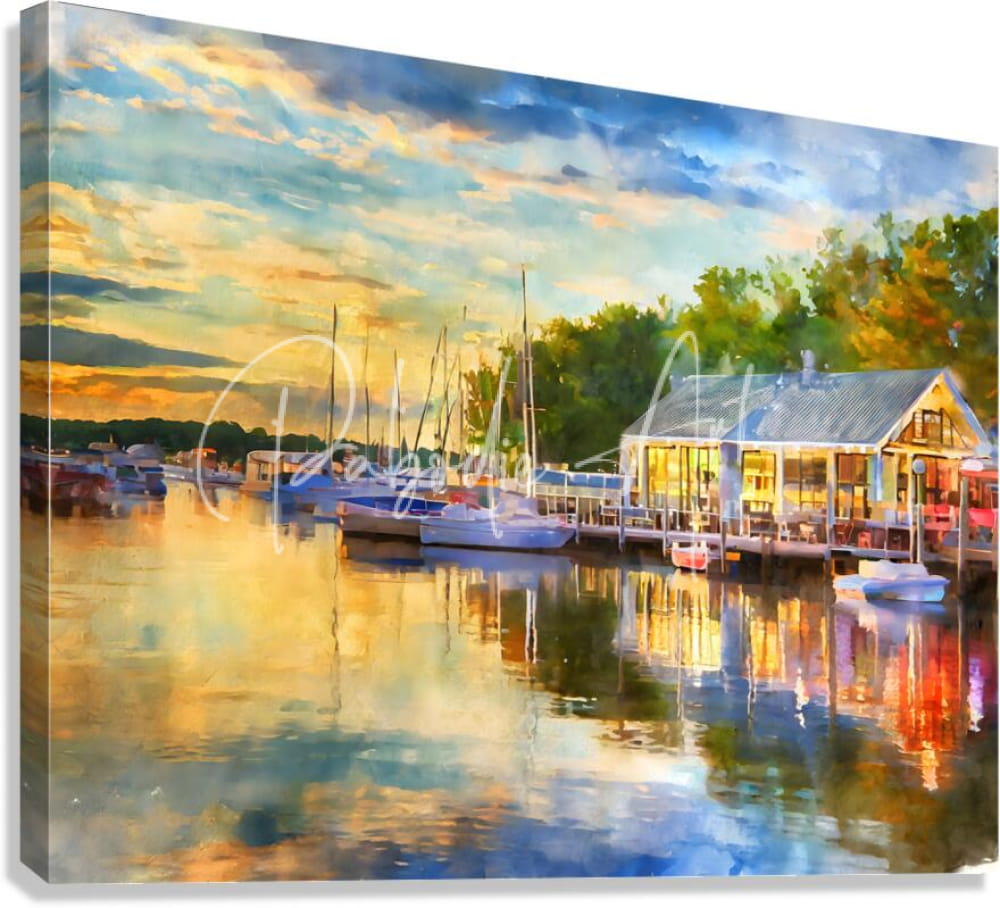 Watercolor canvas print of riverside dining in vermilion showing boats and lit building reflected in calm water