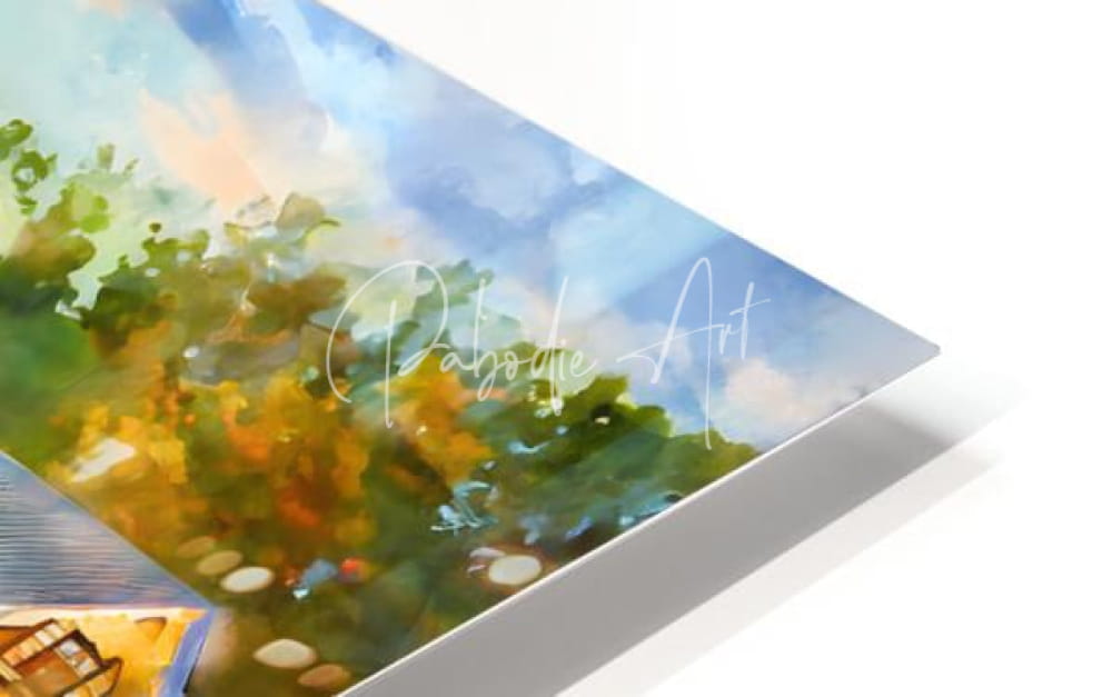 Watercolor landscape art print titled riverside dining in vermilion displayed in white acrylic float frame