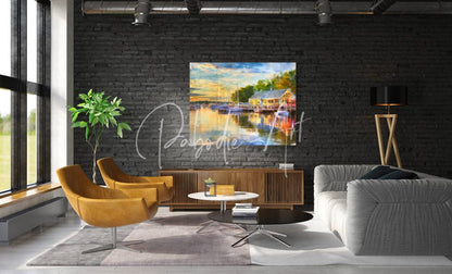 A vibrant rectangular canvas painting of a serene lakeside scene with boats and sunset hues in riverside dining in vermilion
