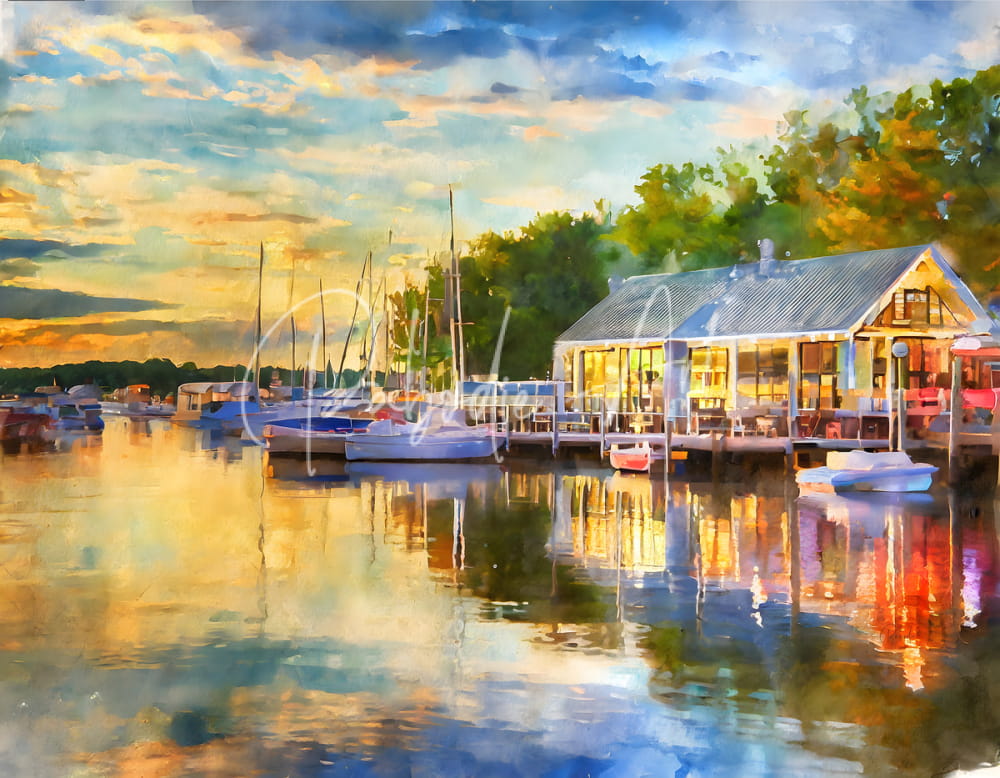 A charming riverside dining café in vermilion with a gabled roof and large glass windows by docked sailboats at sunset