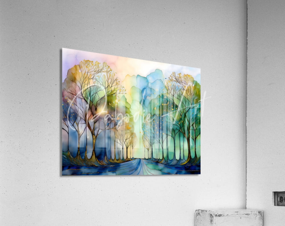 The road less traveled acrylic print features a watercolor forest scene with blended greens blues and warm yellows on white wall