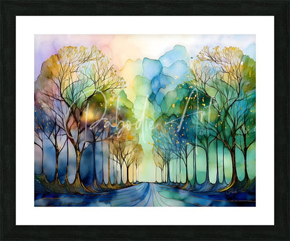 A vibrant watercolor painting titled the road less traveled featuring a tree-lined path framed in black with a white mat