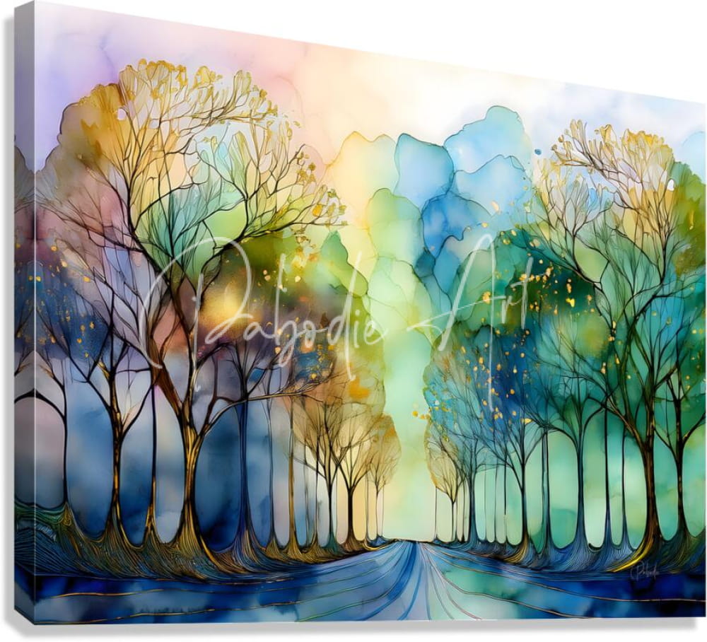A vibrant watercolor canvas painting titled the road less traveled featuring a forest path with colorful bare trees