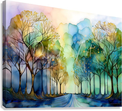 A vibrant watercolor canvas painting titled the road less traveled featuring a forest path with colorful bare trees