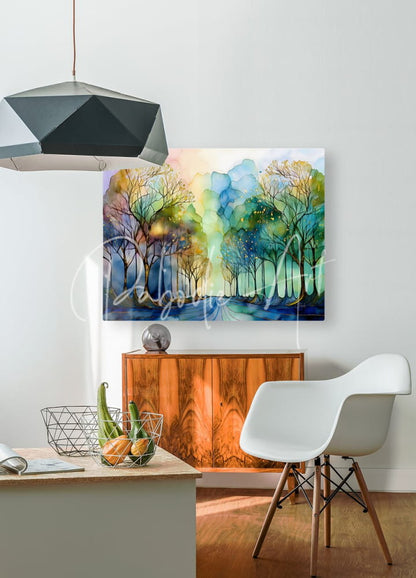 The road less traveled watercolor forest landscape painting features abstract blended blue green and yellow hues on canvas