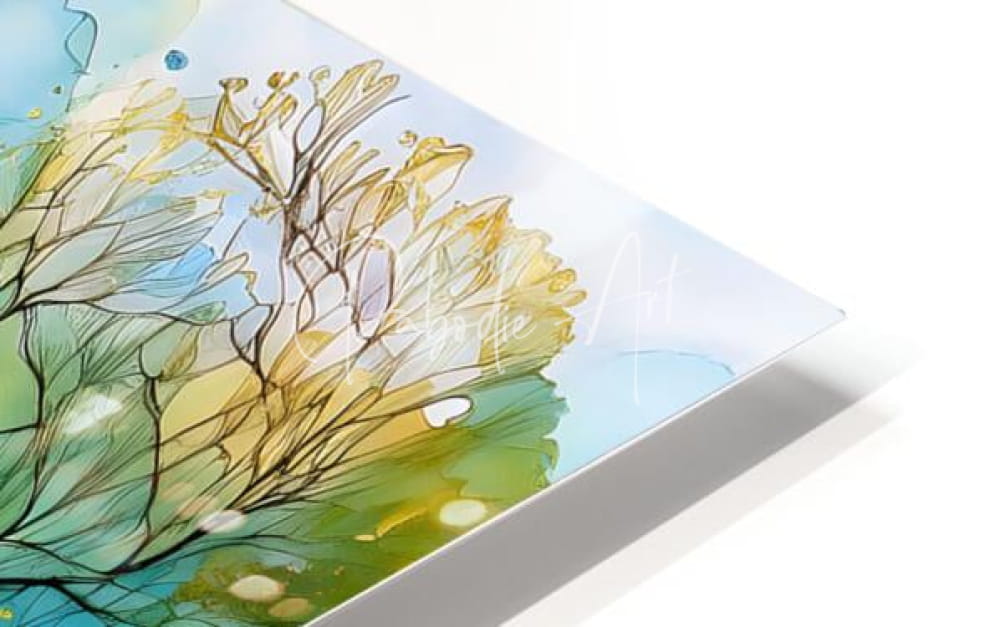 A rectangular acrylic print titled the road less traveled featuring abstract yellow and green leafy watercolor on blue background