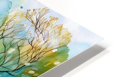 A rectangular acrylic print titled the road less traveled featuring abstract yellow and green leafy watercolor on blue background