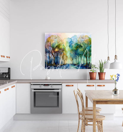 A vibrant watercolor painting titled the road less traveled featuring blue green yellow and purple trees on canvas