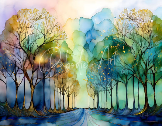 A vibrant watercolor painting titled the road less traveled depicting a tree-lined path with gold and brown bare branches