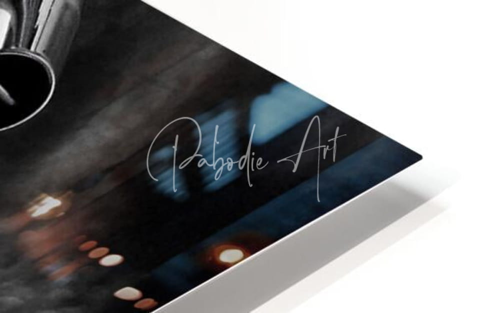 A sleek black and blue abstract art print with silver cursive palbodie art lettering in a white floating frame for rod holders