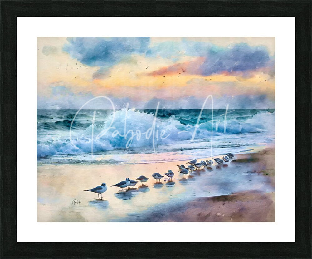 Watercolor beach scene painting titled sanderlings along the shore featuring seagulls on wet sand under a colorful sky