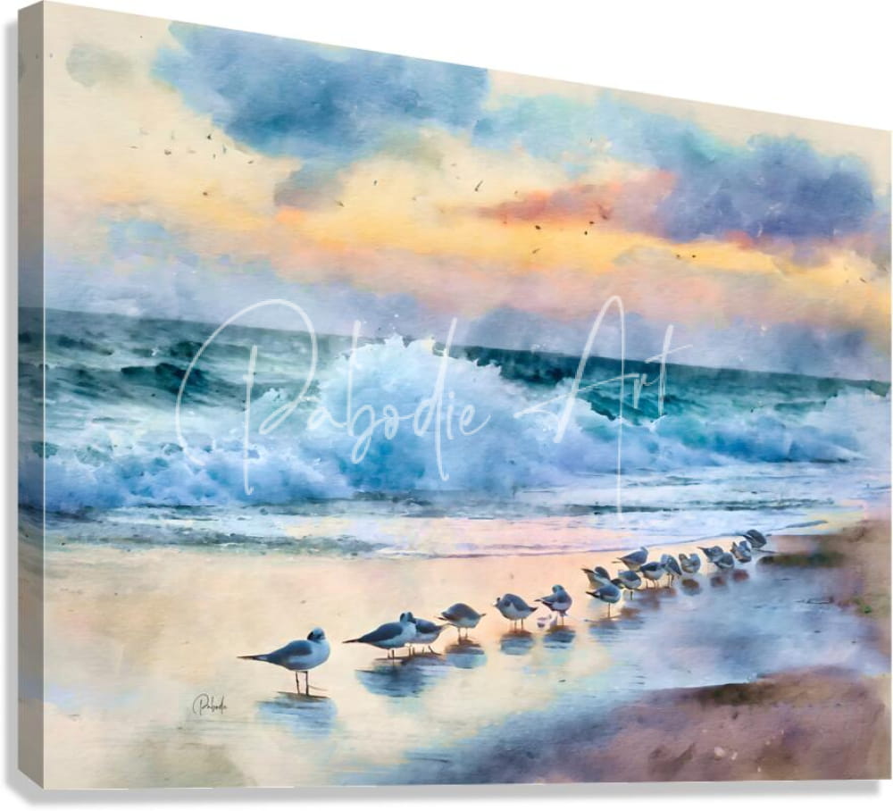 Watercolor beach scene canvas titled sanderlings along the shore showing seagulls on wet sand under vibrant sunset sky