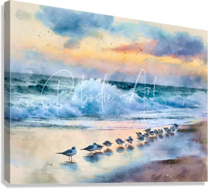 Watercolor beach scene canvas titled sanderlings along the shore showing seagulls on wet sand under vibrant sunset sky