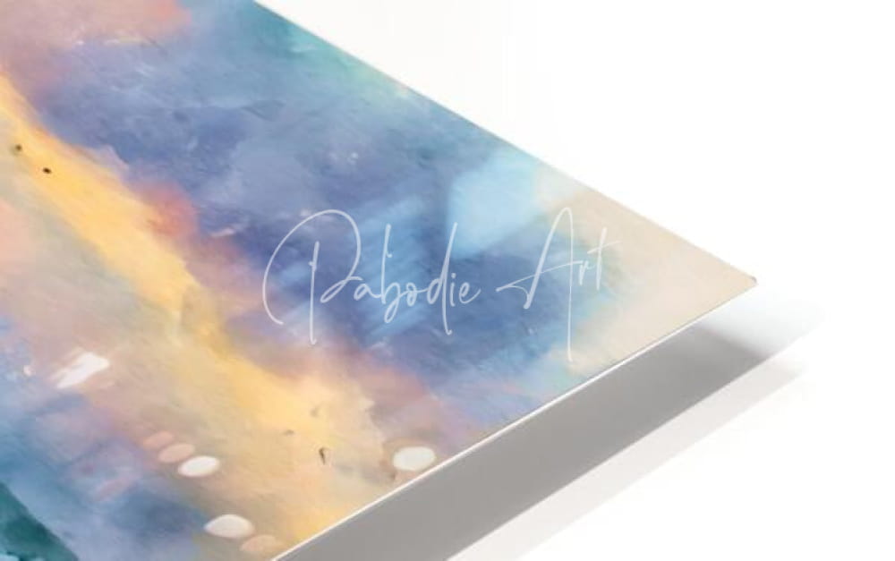 A watercolor-style abstract art print titled sanderlings along the shore featuring blue purple and yellow hues signature palbodie art