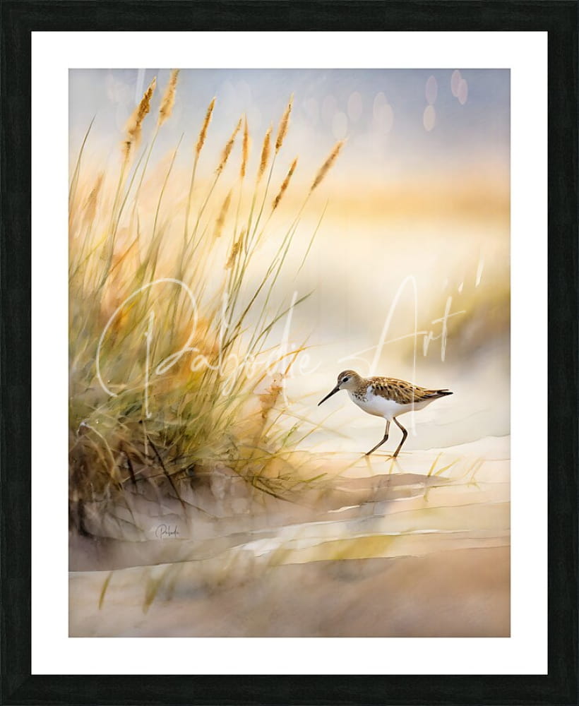 A framed watercolor painting titled The Sandpiper Shoreline of a small brown and white bird in golden light among grasses