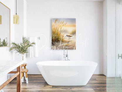 The Sandpiper Shoreline canvas painting features a delicate sandpiper among golden reeds under a warm sky