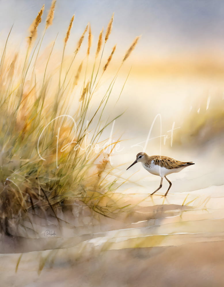 A watercolor painting of a sandpiper bird with brown and white plumage standing by golden grasses in the sandpiper shoreline
