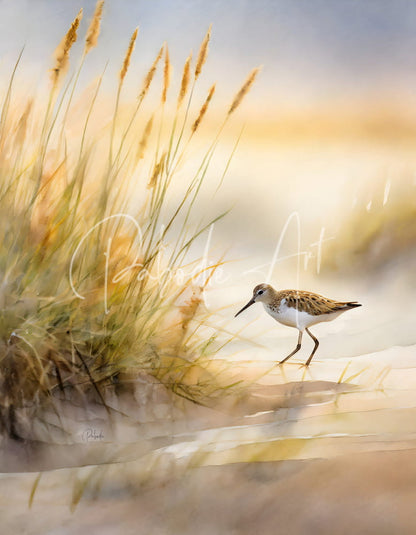 A watercolor painting of a brown and white sandpiper standing on sandy ground beside tall golden grasses titled the sandpiper shoreline