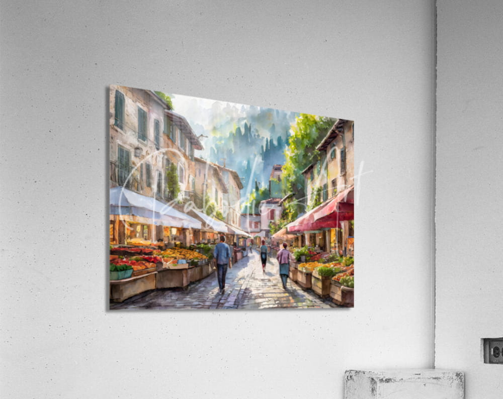 Saturday morning farmers market watercolor print of cobblestone street market with colorful awnings and vibrant produce stalls