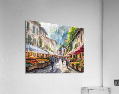 Saturday morning farmers market watercolor print of cobblestone street market with colorful awnings and vibrant produce stalls