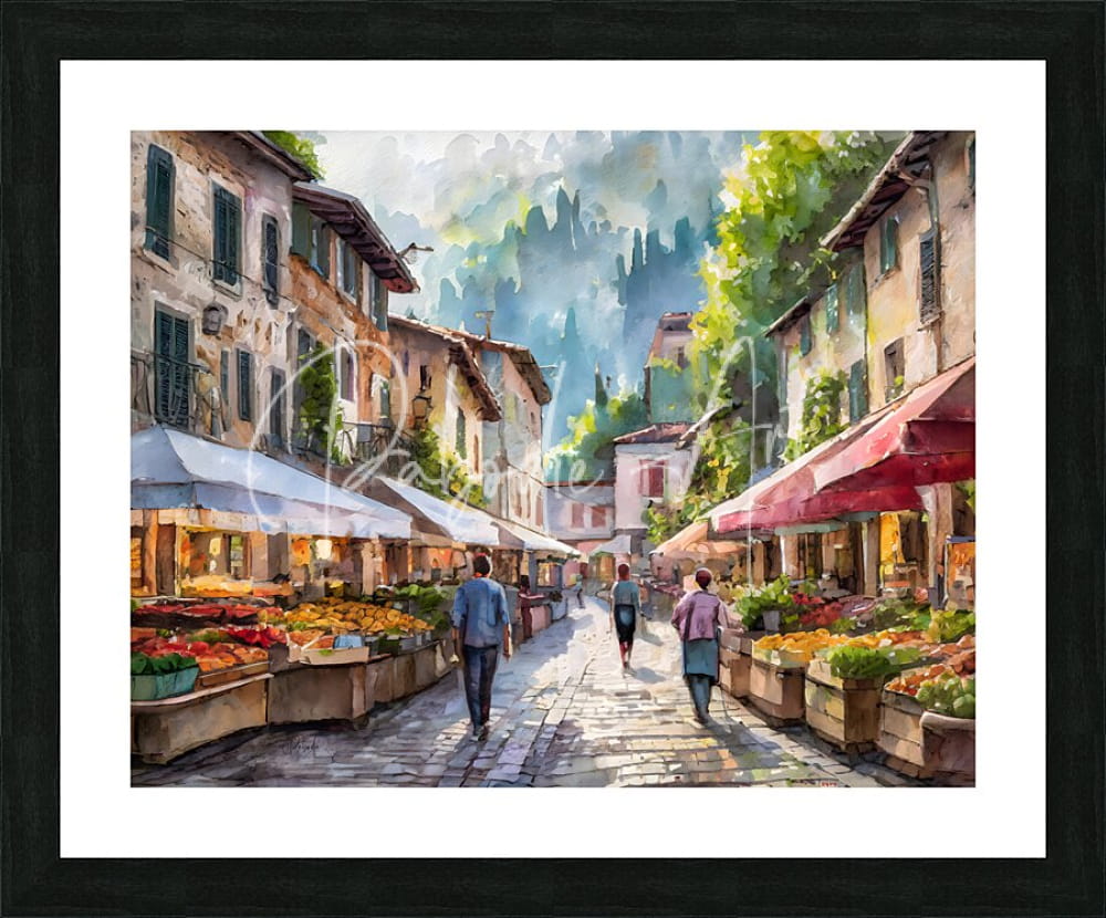 Watercolor painting of a sunlit european market street framed in black titled saturday morning farmers market