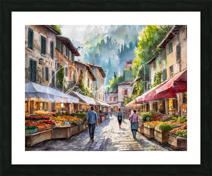 Watercolor painting of a sunlit european market street framed in black titled saturday morning farmers market