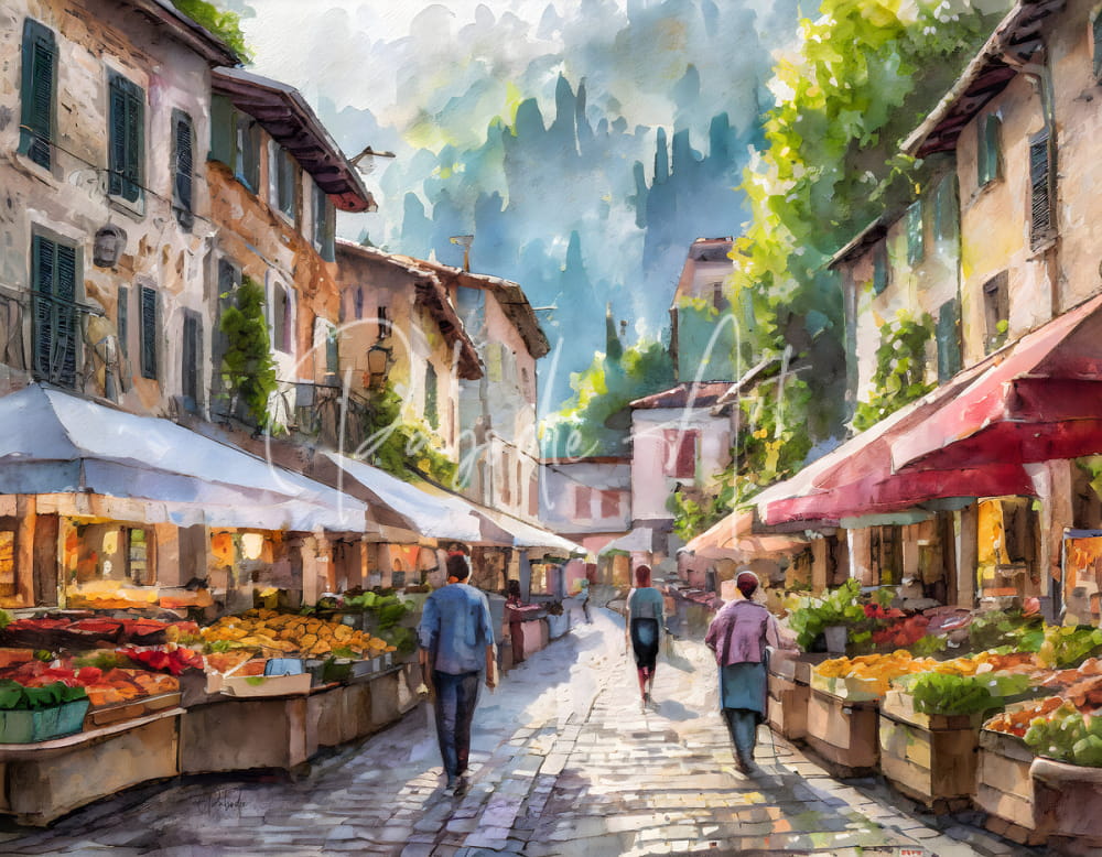A vibrant watercolor painting of a sunlit european market street with colorful awnings and fresh produce stalls