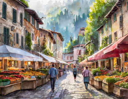 A vibrant watercolor painting of a sunlit european market street with colorful awnings and fresh produce stalls