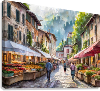 Watercolor painting titled Saturday Morning Farmers Market of a sunlit european street with stone buildings and produce stalls
